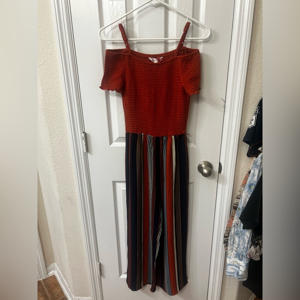 No Boundaries Small Off-Shoulder Jumpsuit in Red and Multicolor Stripes